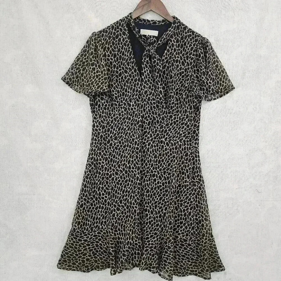 MICHAEL Michael Kors Leopard Keyhole Tied Neck Fit & Flare Mini Chiffon Dress L - Picture 1 of 9